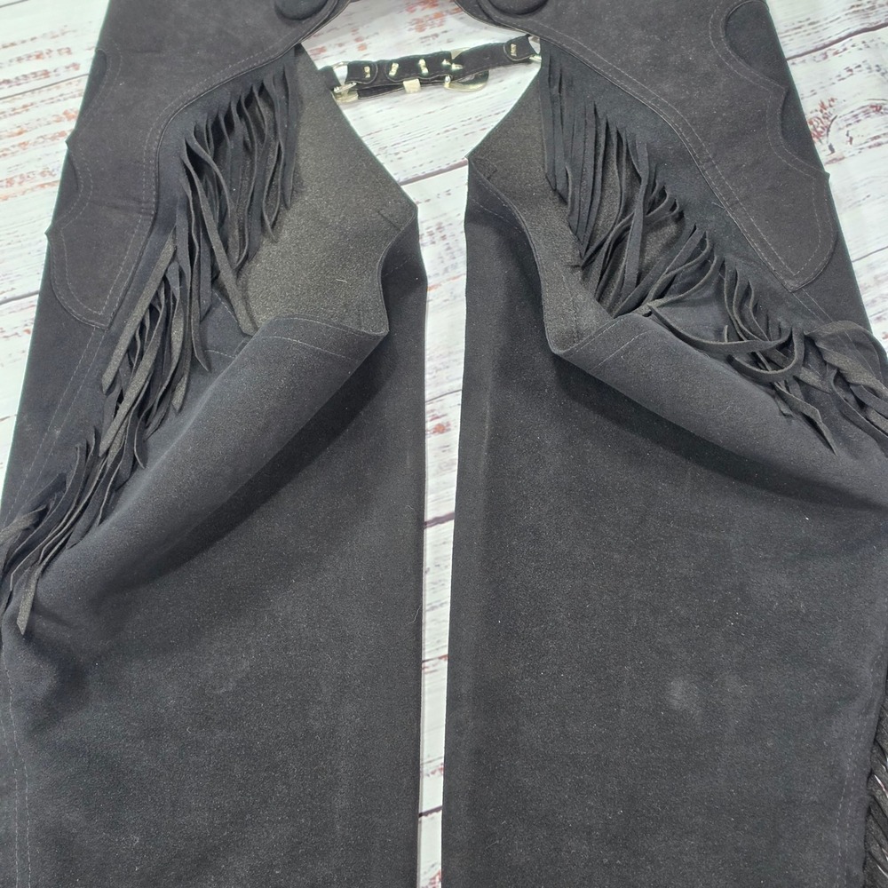 Hobby Horse Show Chaps Womens Medium Black Good Ultrasuede Fringe Western Riding - Picture 3 of 16